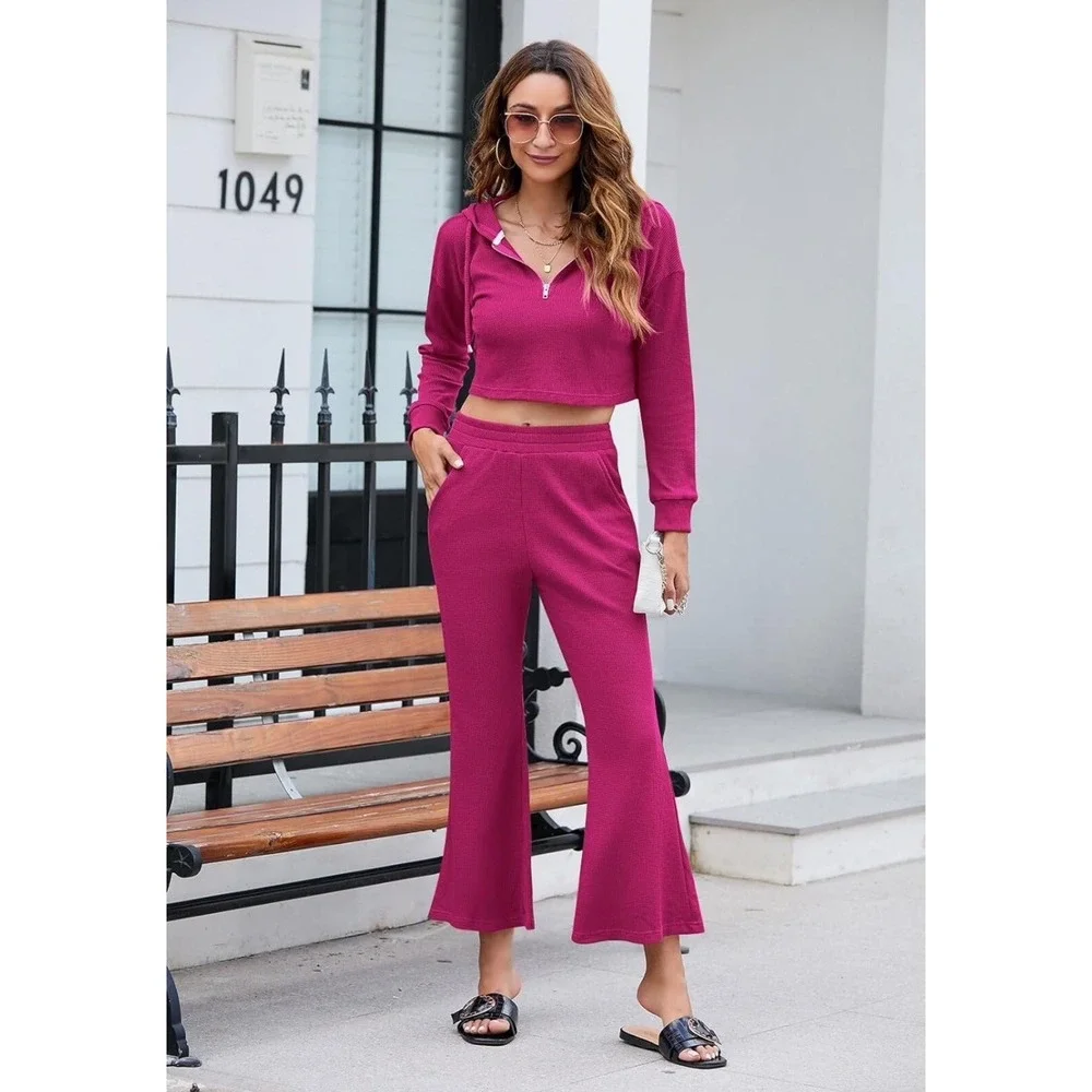 Vintage Modern Fixmatti 2 Piece Waffle Knit Crop Hoodie Flared Pants Red L